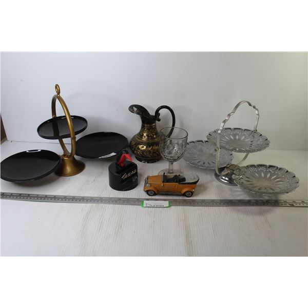 (2) Vintage Folding Dainty Plates - Decorative Metal Pitcher - Glass - Resin Car - Plastic Penguin T