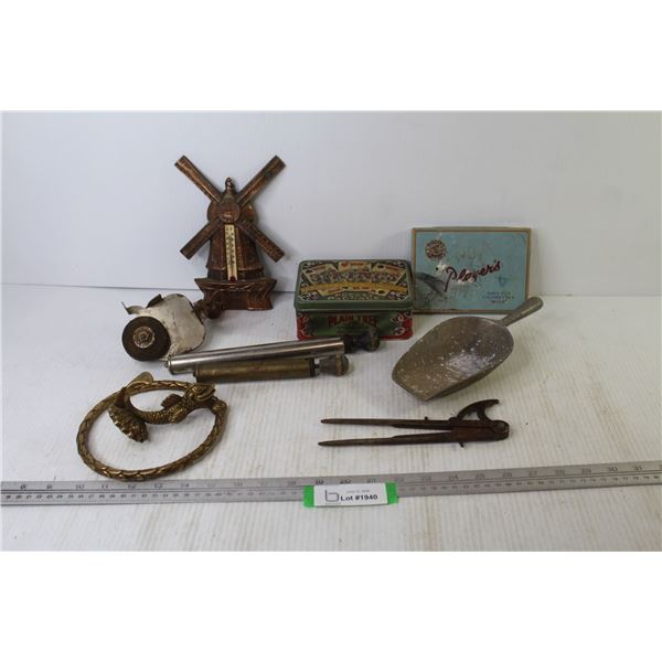 Vintage Items - Towel Holder - Thermometer - Tabacco Tins - Scribe - Hand Air Pumps - Hand Grinder