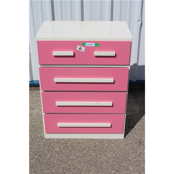 **Pink Four Drawer Tallboy Dresser - 28" x 17" x 37.5"