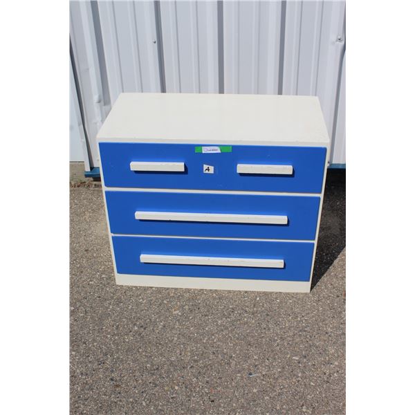**Blue Three Drawer Lowboy Dresser - 33.5" x 17" x 28"