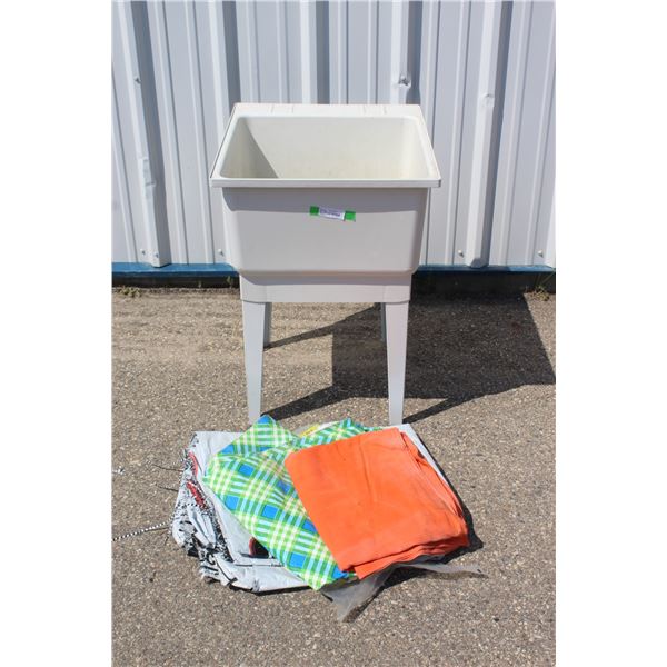 **Plastic Wash Basin w/ Metal Legs (cracked Tub) w/Contents