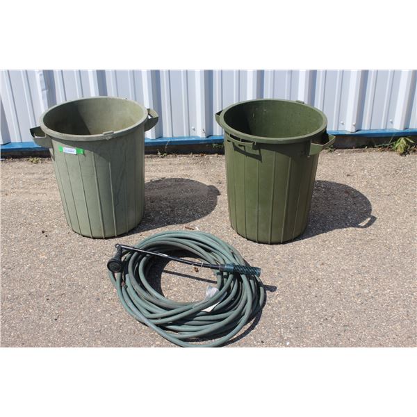 **(2) Garbage Cans, Garden Hose (approx. 25+FT) & Wand Sprayer