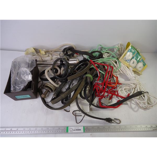 Box of Misc. including Tie Straps, Bike Hooks, Rope, Casters and misc.