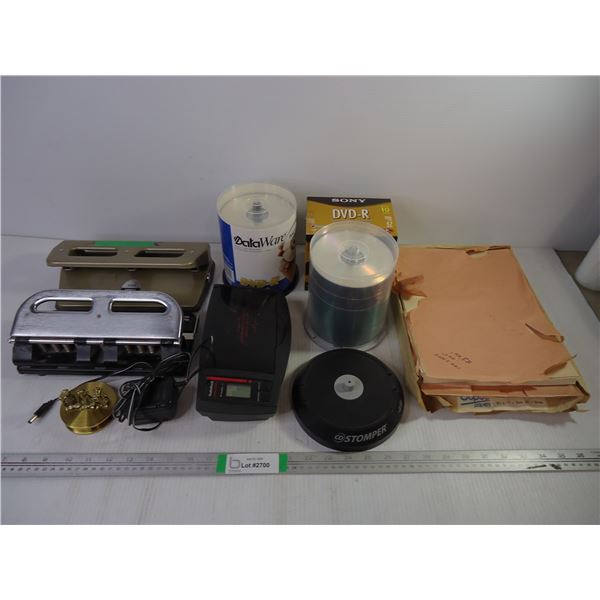(2) Hole Punch,(3) DVD-R, Battery Charger and white paper