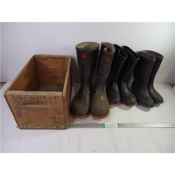 Wooden Ammunition Box (no lid) and (3) Pairs of Rubber Boots-Size 11,6 and3