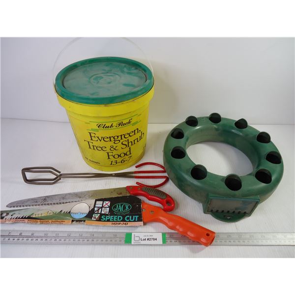 Partial Pail of Evergreen Tree and Shrub Food, Living Wreath Hanging Planter,(2) Pruning Saws and La