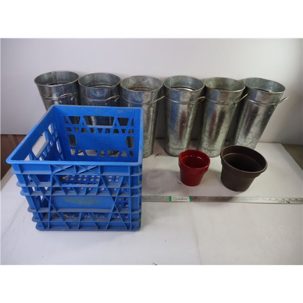 (6) Galvanized Tall Buckets with Handles,(2) Planters and Plastic Tote