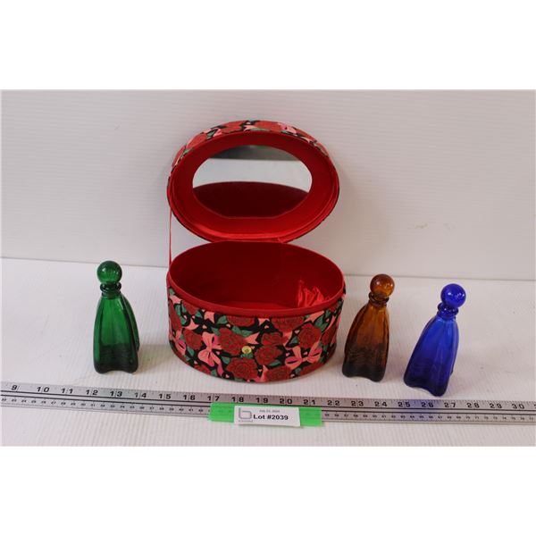 (3) Colored Glass Perfume Bottles (5" Tall) & Red Rose Vanity Carrying Case