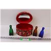 Image 1 : (3) Colored Glass Perfume Bottles (5" Tall) & Red Rose Vanity Carrying Case