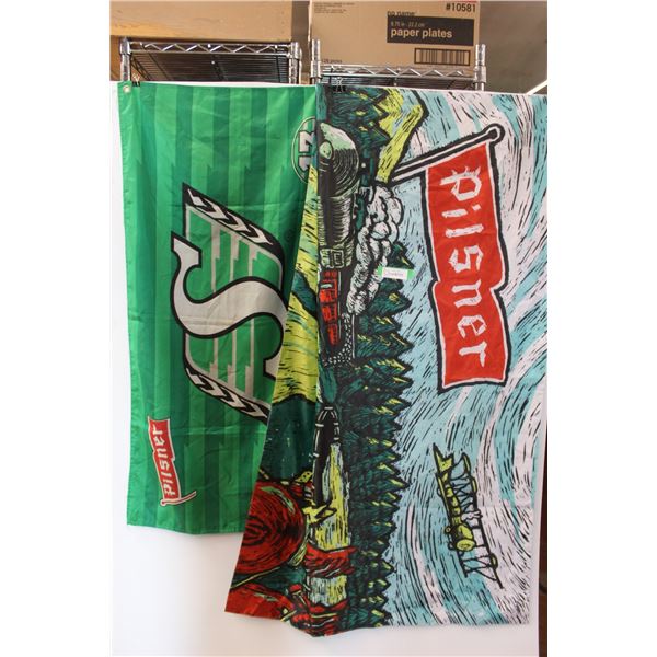 (2) Saskatchewan Roughriders Pilsner Flags (58"x35" & 46" x 23")