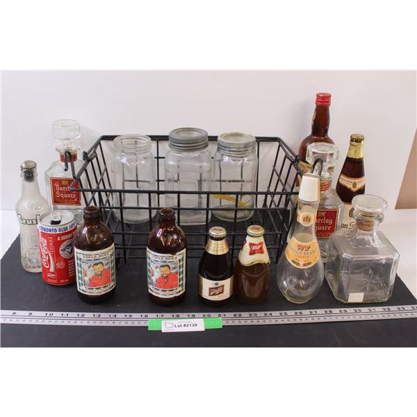 Lot: (3) Antique Canning Jars, Assorted Liqueur Bottles, (3) Sealed Beer Bottles, Misc.
