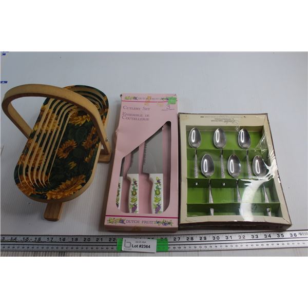 Collapsible Handpainted Basket, Dutch Fruit Cutlery Set and Dessert Spoons (NIB)