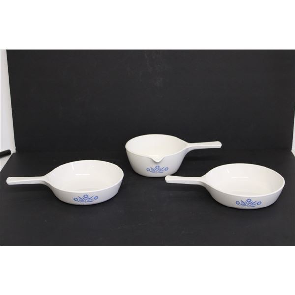 (3) Pieces of Cornflower Blue Corningware - (2) Skillets, (1) Sauce Pan