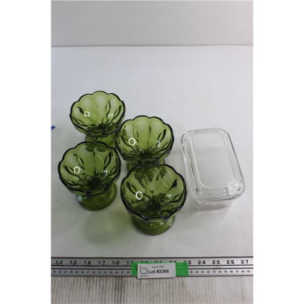 (4) Anchor-Hocking Green Glass Dessert Dishes and Arcoroc Butter Dish France