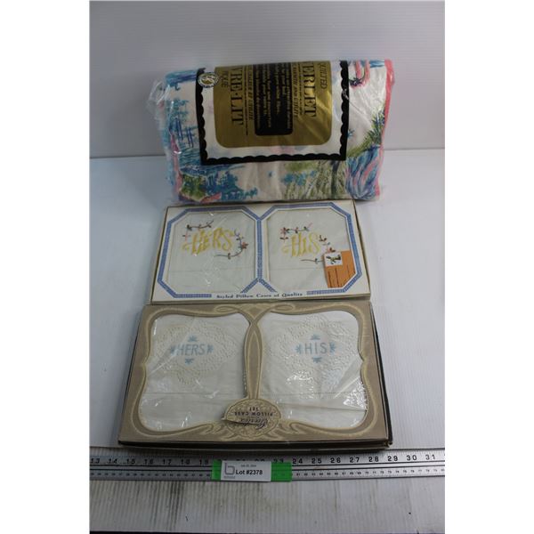 (2) Sets of Vintage His/Hers Pillow Cases and Coverlet - NIB
