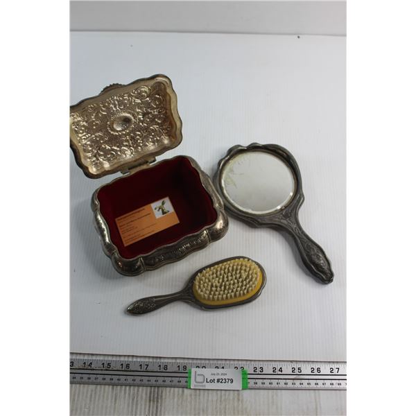 Antique Jewelry Box, Mirror and Brush