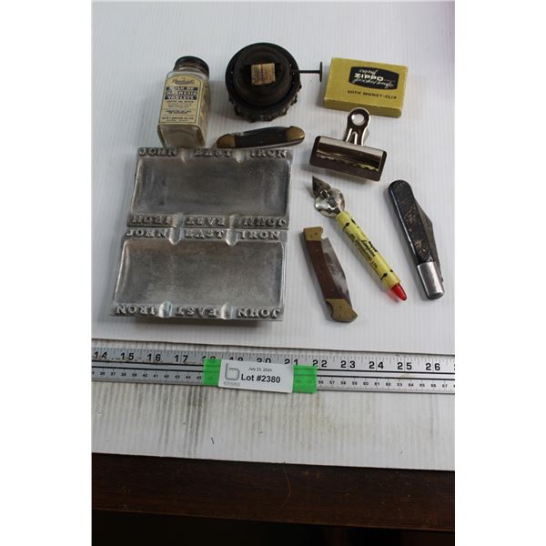 John East Ironworks Ashtrays (Saskatoon), (3) Pocket Knifes, Zippo Money Clip and Misc.