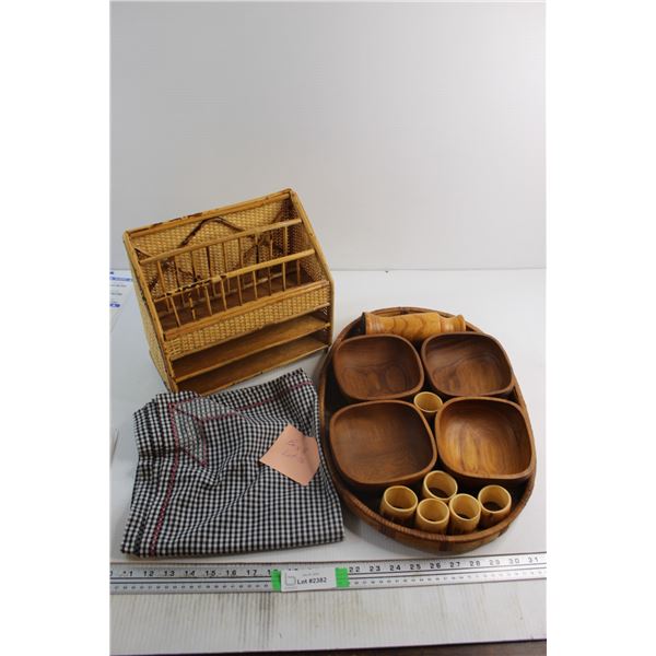 Wicker Tray, (4) Teak Wood Bowls, Vase, (6) Napkin Rings and Table Cloth