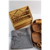 Image 2 : Wicker Tray, (4) Teak Wood Bowls, Vase, (6) Napkin Rings and Table Cloth