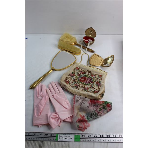 Vintage Vanity Items - Tapestry Bag, Gloves, Mirrors, Brushes and Misc.