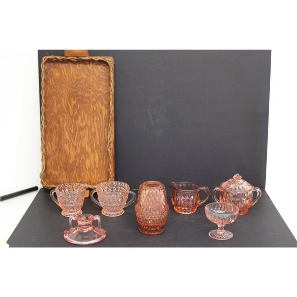 (8) Pink Depression Glass Items - Fairy Light, (2) Cream and Sugar Sets, Etc.