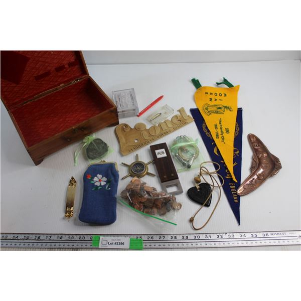 Dovetail Keepsake Box, Assorted Curiosities, and Bag of Pennies