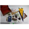 Image 1 : Dovetail Keepsake Box, Assorted Curiosities, and Bag of Pennies