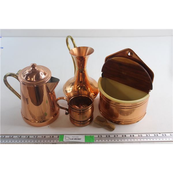 Vintage Copper Coffee Pot, Urn, Mug, Flour Cannister