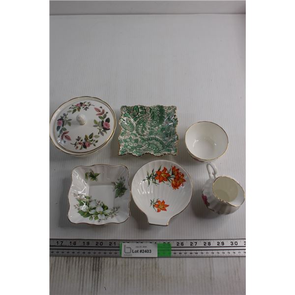 Wedgewood Lidded Candy Dish, (3) Vintage Trinket Dishes and Cream/Sugar Set