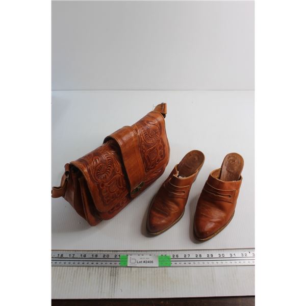 Hand Tooled Leather Bag (Mexico) and Leather Slides - Size 6