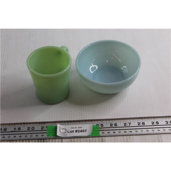 (2) Fire King Items - Blue Delphite Bowl and Jadeite Mug