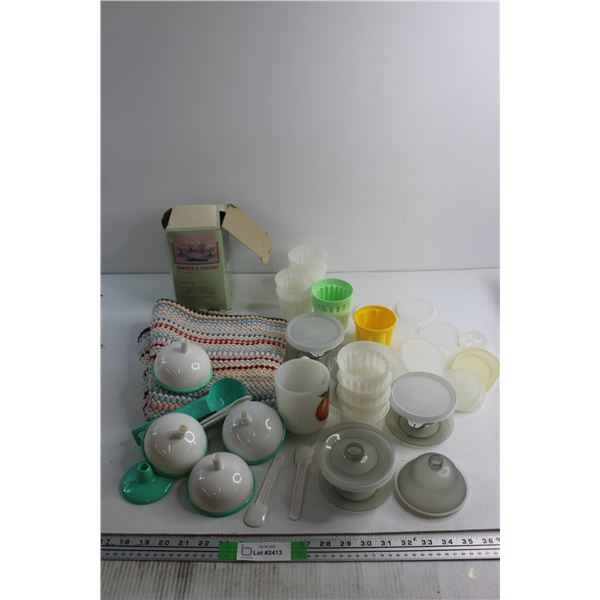 Tupperware Jello Molds, Dessert Bowls, MilkGlass Mug, 9Pc. Dessert Set