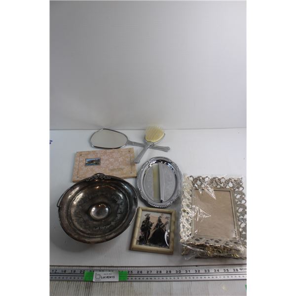 Vintage Vanity Items - Frames, Brush Set, Trinket Trays, Etc.