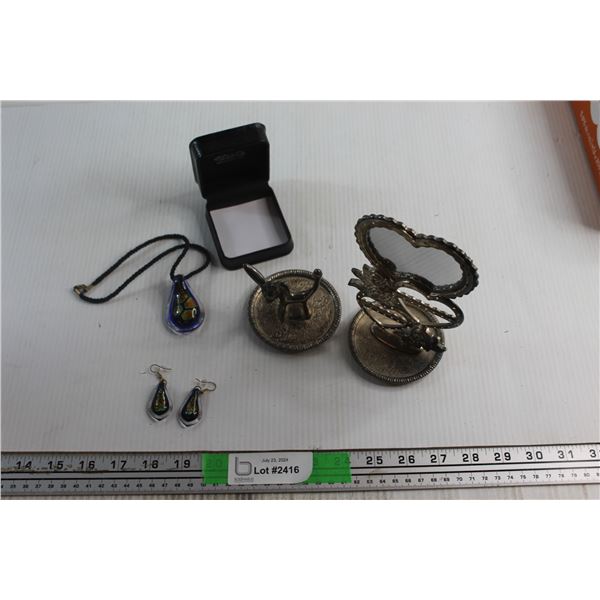 Murano Style Pendent and Earrings, Donkey Ring Holder and Heart Earring Tree with Mirror