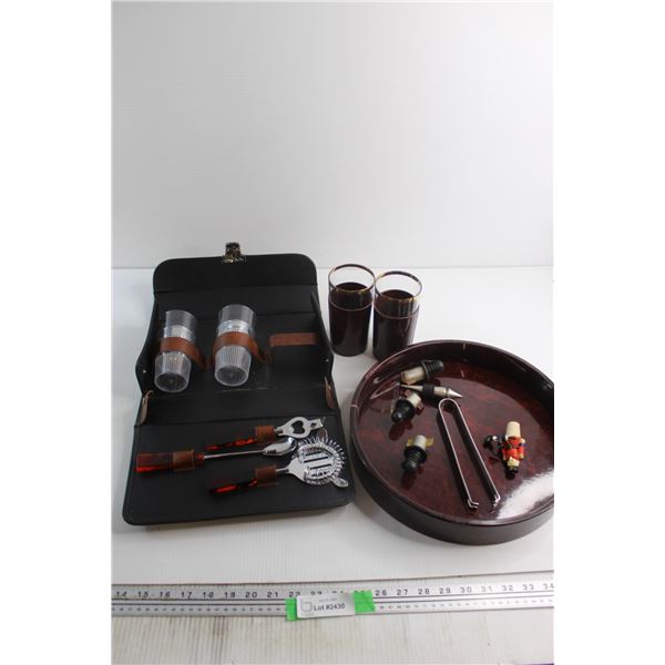 Vintage Traveling Bar Case -Tray with Bottle Stoppers, Glasses and