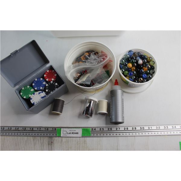 Poker Chips, Sewing Supplies and Glass Balls