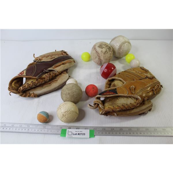(2) Baseball Gloves (left hand) - (1) Assorted Balls