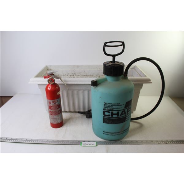 Planter (26" x 12") - Pump Sprayer (missing nozzle tip) - Fire Extinguisher (full)