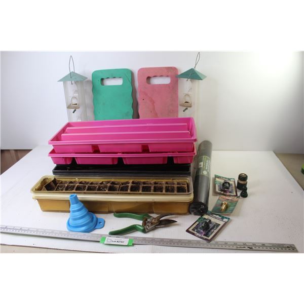 *(2) Foam Knee Boards - (2) Bird Feeders - Assorted Plant Trays - Roll of Garden Mesh - Garden Hose 