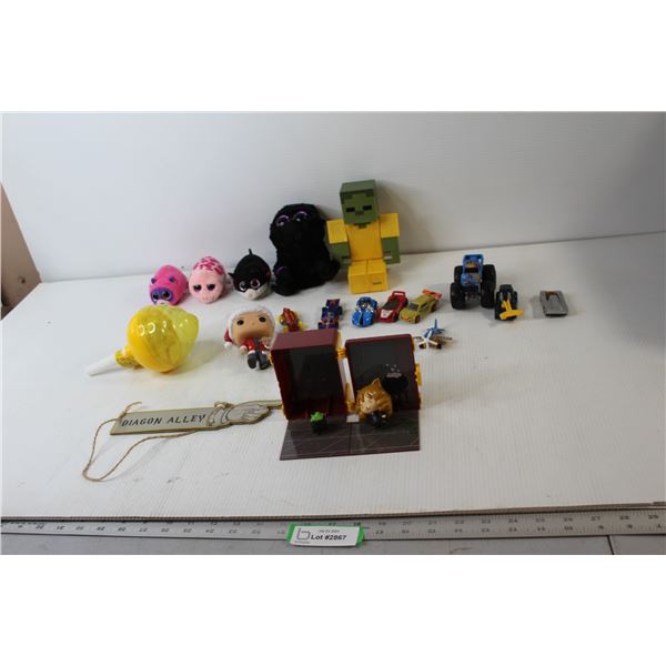 (4) Ty Beanie Boos, Minecraft Zombie Toy, (9) Toy Vehicles, Misc.