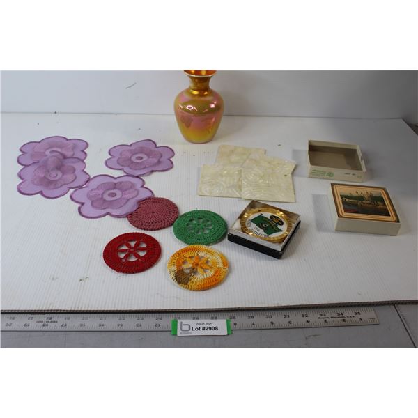 Peach Lustre Vase, (17) Coasters, Misc.