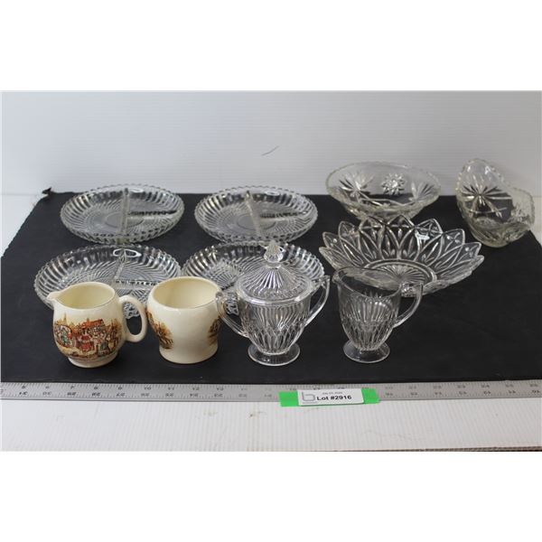 (7) Glass Trays/Bowls, Pair of Glass Cream and Sugar, Pair of Ceramic Cream and Sugar