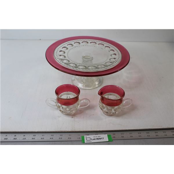 Cranberry Glass Platter and Cream and Sugar