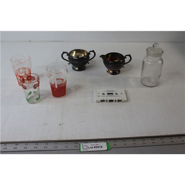Silver-Plated Cream and Sugar, (3) Glasses, The Beach Boys Casssette, Glass Jar
