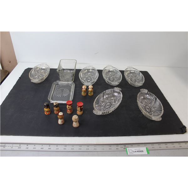 (6) Glass Trays/Bowls, Glass Butter Dish, (4) Pairs of Wooden Salt and Pepper Shakers