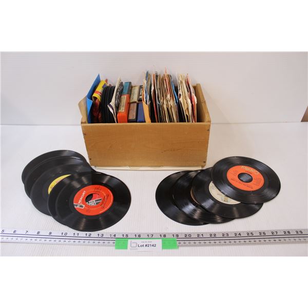 Wooden Crate w/Assorted 45's & 8-Tracks