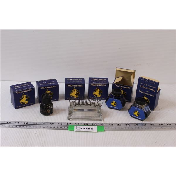 (6) Waterman's Blue Ink Glass Jar in Boxes w/Glass Letter Holder (1) Black Ink Jar, as is