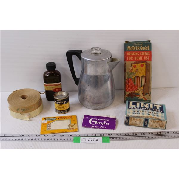 Coffee Percolator, Copper Sulfate Glass Jar, Saltpetre Jar, Vintage Drinking Straws, Misc.