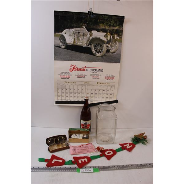 Vintage Spectacles in Case, Vintage Noel Decor, Calendar, Glass Jar & Beer Bottle, Singer sewing Mac