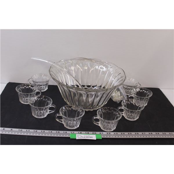 Clear Glass Punch Bowl Set - (8) Glasses, Hangers, & Scoop